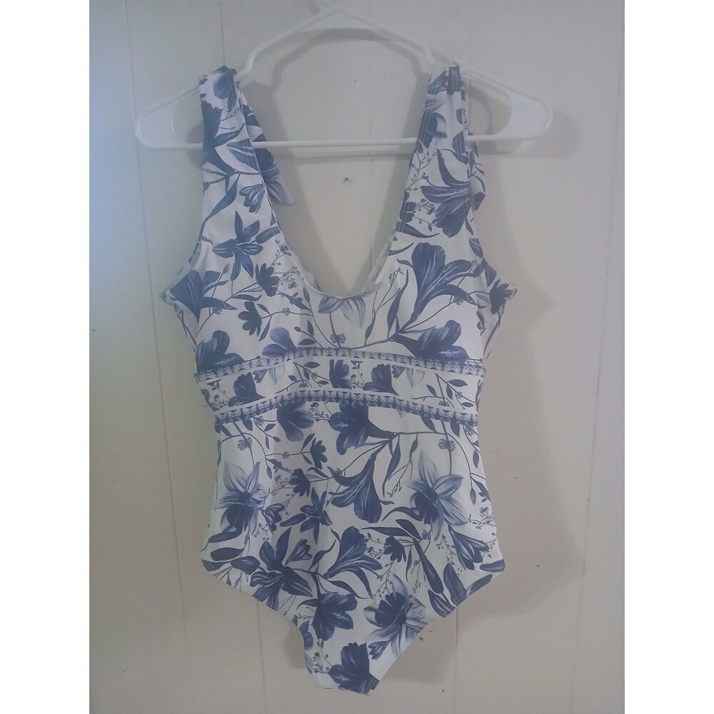 Blue White Floral Print One Piece V Neck Swim Suit Womens Size Large Beach Boho - Picture 3 of 5